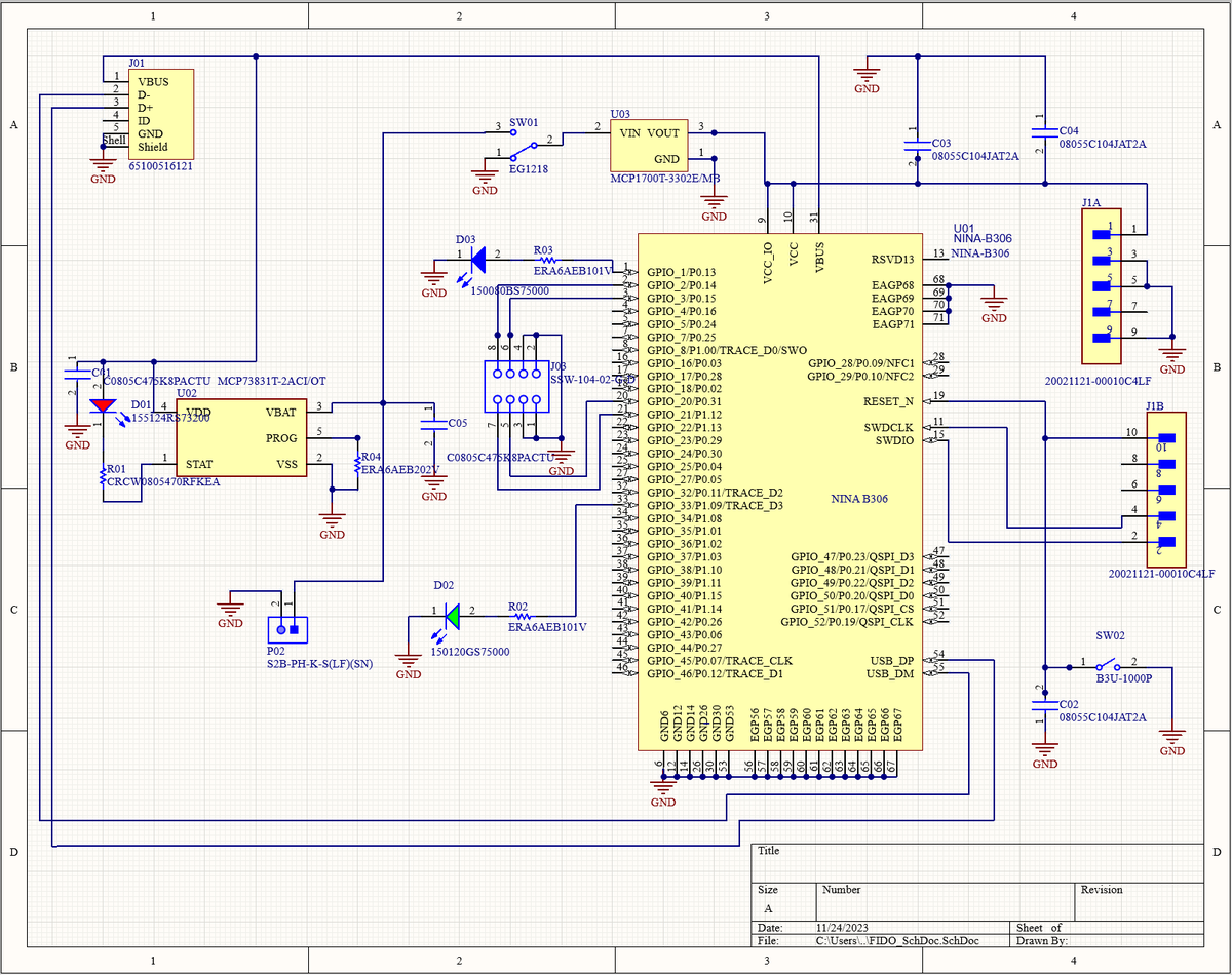 Full schematic for the custom BLE mobile node.