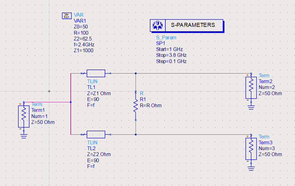ADS schematic for unequal Wilkinson power divider with output transformers