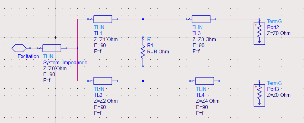 Unequal Wilkinson divider with output transformers schematic